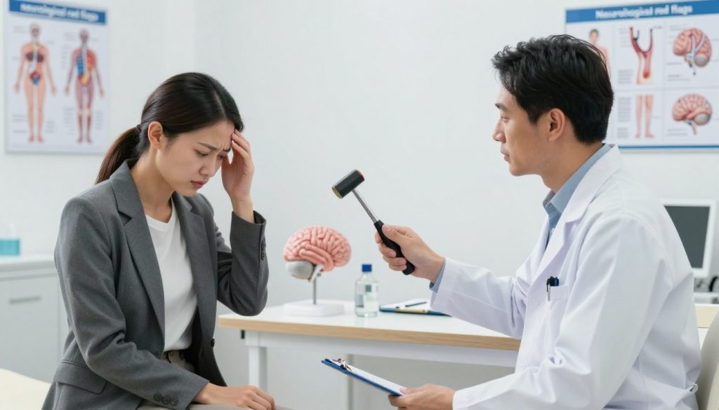 A clinical setting illustrating "neurological red flags." In the foreground, a concerned patient in professional business attire sits in an examination room, displaying signs of distress, such as holding their head and looking at a neurologist. In the middle, a neurologist in a lab coat attentively examines neurological reflexes with a reflex hammer. The background features a well-lit, modern medical office with anatomical brain models and charts depicting various neurological symptoms, such as tremors and leg weakness. The lighting is bright and clinical, conveying urgency and professionalism, while the overall mood is serious and focused, highlighting the importance of recognizing neurological warning signs.