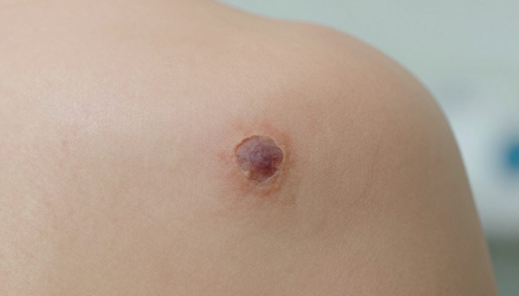 A close-up view of human skin showing distinct signs of skin cancer. In the foreground, focus on an irregularly shaped mole or lesion with uneven borders, varying colors, and possibly raised areas, emphasizing characteristics like asymmetry and color variation. The middle layer features neutral backgrounds to ensure the skin signs stand out clearly, preferably with soft, diffused lighting simulating natural light, enhancing the textures and details of the skin. The background should be a faded clinical setting that suggests a medical context without drawing attention away from the skin. Enhance the mood to be informative and serious, aimed at raising awareness about health. The scene should convey vigilance and the importance of monitoring skin changes for health awareness purposes.