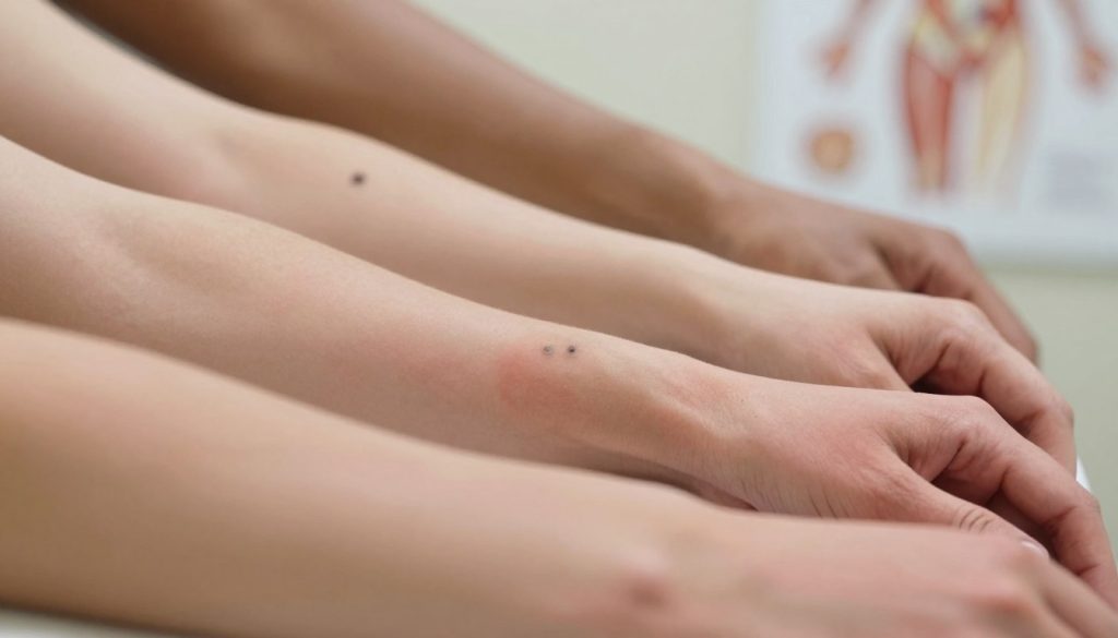 A close-up view of various physical warning signals on a human body, showcasing a diverse range of skin conditions and symptoms. In the foreground, emphasize notable features such as a red rash on an arm, dark circles under the eyes, and a swollen joint on a hand, all displayed with clear detail. In the middle ground, include more subtle signs like flaking skin, unusual moles, and indicative postures that hint at discomfort. The background should be softly blurred, suggesting a clinical environment with medical charts or anatomical drawings. Use warm, natural lighting to create an inviting yet serious atmosphere, and employ a slightly elevated angle to focus on the body parts. Aim for a mood that prompts awareness and attentiveness to one’s health.