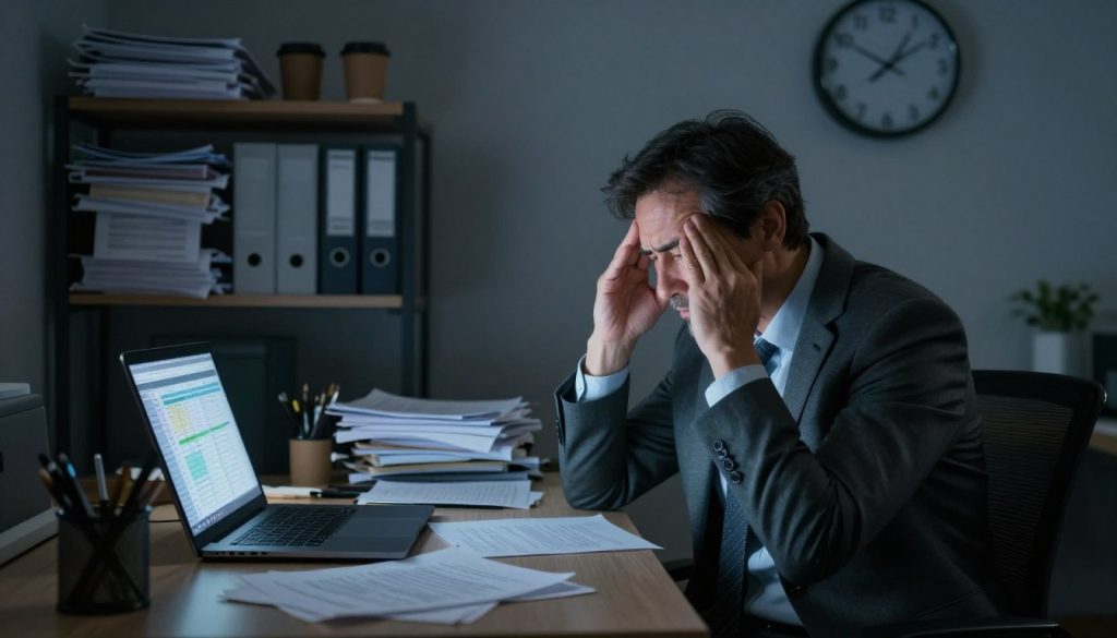 A dimly lit office environment symbolizes cognitive fog caused by sleep deprivation. In the foreground, a middle-aged professional in business attire sits at a cluttered desk, rubbing their temples, visibly stressed and distracted, with disheveled papers and an open laptop showing a complex spreadsheet. In the middle ground, shelves cluttered with unfinished tasks and coffee cups express a sense of overload. The background features a clock displaying late hours, casting a shadow over the workspace, hinting at late-night working hours. The overall color palette is muted with blue and gray tones, evoking a heavy atmosphere of fatigue. Soft, diffused lighting creates a melancholic yet realistic mood, highlighting the struggle of mental clarity. The image captures the essence of cognitive decline and decreased performance, making it visually compelling and relatable.
