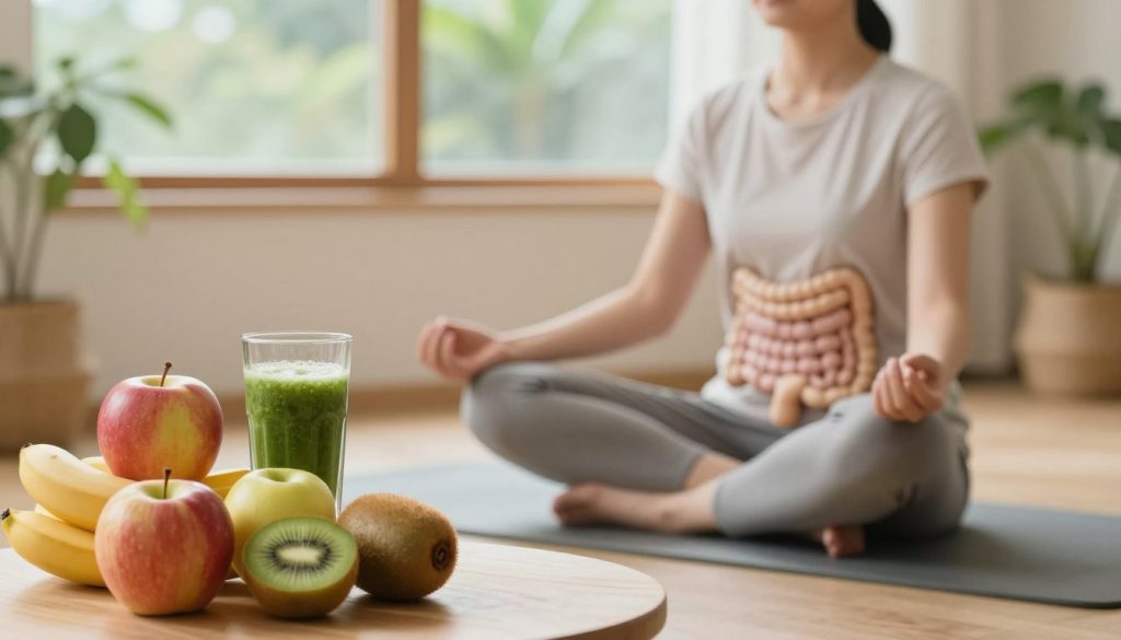 A peaceful indoor scene depicting a serene environment focused on digestive health. In the foreground, a neatly arranged table displays colorful fruits like apples, bananas, and kiwis alongside a glass of green smoothie, symbolizing health and wellness. In the middle, a person dressed in modest casual attire, sitting comfortably on a yoga mat, practices mindfulness with their eyes closed, conveying calmness and relaxation. In the background, soft natural light filters through a window, illuminating gentle greenery from outside and creating a warm, inviting atmosphere. The overall mood is tranquil and supportive, aimed at promoting the importance of digestive well-being.