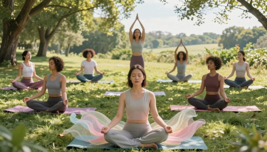 A serene and harmonious scene illustrating the mind-body connection, featuring a diverse and balanced group of individuals engaging in mindful practices. In the foreground, a meditative figure with closed eyes radiates calming energy, surrounded by soft, flowing colors symbolizing inner peace. The middle ground showcases others in various yoga poses, moving gracefully within a tranquil outdoor setting, with lush greenery and gentle sunlight filtering through the trees, casting soft shadows. In the background, a peaceful landscape merges the earth with the sky, suggesting a unity between body and nature. The mood is uplifting and serene, evoking a sense of connection and understanding. Use soft, natural lighting to enhance the serene atmosphere and focus on a slightly elevated angle to capture the interconnectedness of the scene.