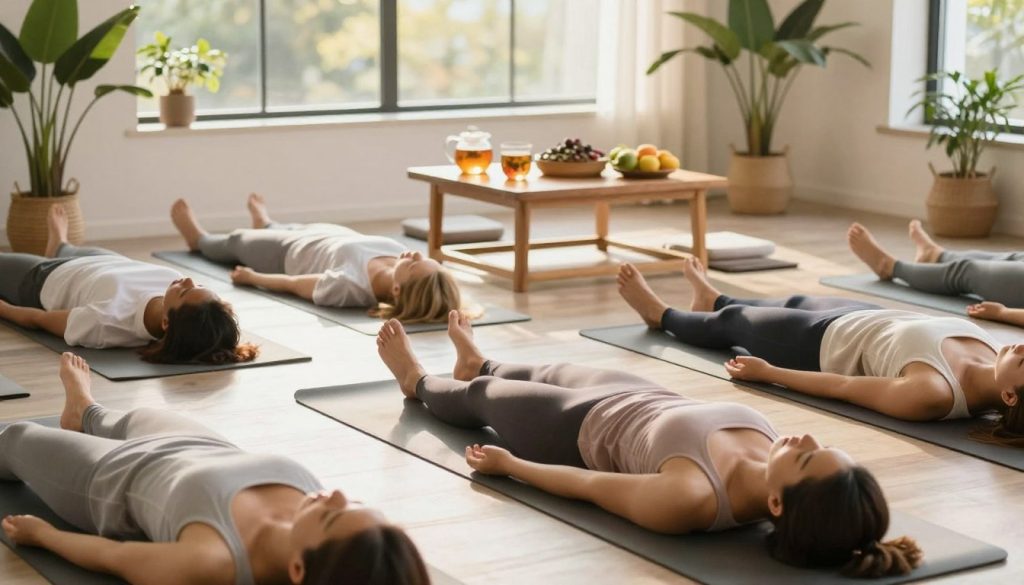 A serene and inviting wellness space designed for recovery strategies. In the foreground, a diverse group of individuals, dressed in comfortable, modest athletic wear, engage in gentle yoga poses on soft mats, demonstrating relaxation and mindfulness. In the middle ground, a stylish wooden tea table is adorned with herbal teas and fresh fruits, symbolizing nourishment. Lush indoor plants frame the scene, creating a calming atmosphere. The background features large windows letting in warm, natural sunlight, casting soft shadows and highlighting the tranquil environment. The overall mood is peaceful and rejuvenating, invoking a sense of focus on mental and physical well-being, ideal for illustrating strategies for recovery.