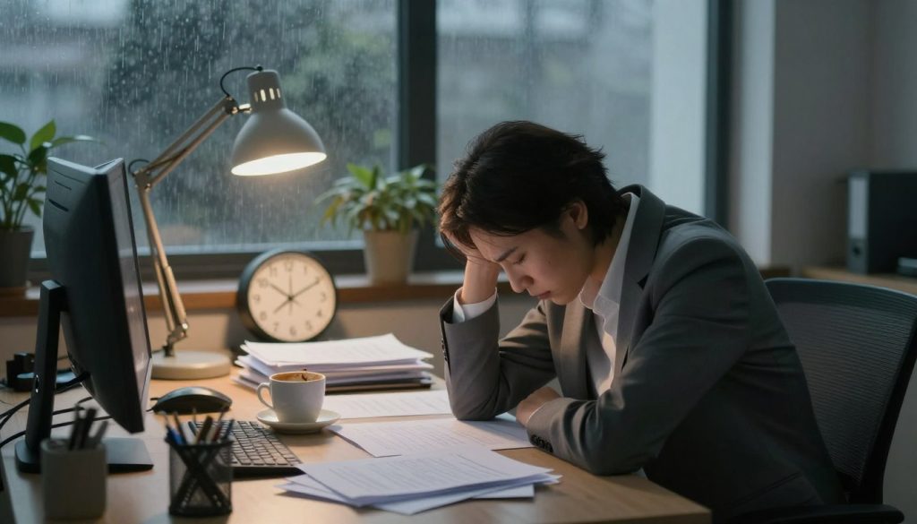 A serene office space with a focus on an overwhelmed professional seated at a cluttered desk, showcasing signs of mental and emotional fatigue. In the foreground, a tired individual in professional business attire, head resting on one hand, surrounded by scattered papers and an empty coffee cup, displaying worry and exhaustion on their face. In the middle ground, a dimly lit desk lamp casts a warm glow, illuminating a clock showing late hours and a few plants that appear wilted, symbolizing neglect. The background features a slightly blurred window with rain trickling down, enhancing the dreary atmosphere. Overall, the image conveys a sense of stress and the urgent need for recovery, using soft, muted colors with a focus on shadows and warm lighting to evoke a contemplative mood.