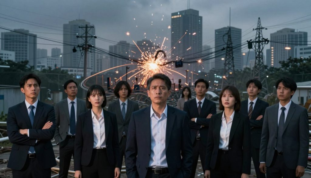 A visually striking depiction of an energy crash event. In the foreground, a diverse group of business professionals in professional attire are gathered, their expressions reflecting concern and focus. In the middle ground, a chaotic array of power lines and electronic devices sparking and flickering, symbolizing the failure of energy systems. To the background, a skyline of modern city buildings slowly dimming, shadows cast by a murky overall atmosphere indicating distress. The lighting is dramatic, with an emphasis on stark contrasts—sharp highlights illuminating the professionals, while the background fades into a gloomy chiaroscuro effect. The mood conveys urgency and a sense of impending disruption, emphasizing the gravity of energy crises. Use a low-angle perspective to enhance the scene's intensity, capturing both the individuals’ reactions and the environmental chaos.