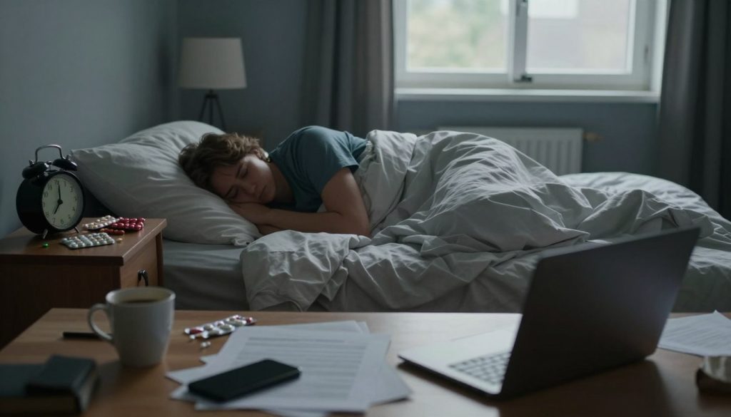 A visually striking still life arrangement illustrating the causes of fatigue. In the foreground, a cluttered desk with an open laptop, half-filled coffee cup, and scattered paperwork conveys overwhelm. In the middle, a contrasting scene of a disheveled bedroom with rumpled sheets and a bedside table cluttered with medications and an alarm clock shows poor sleep quality. In the background, a large window with dim natural light filtering through illustrates the passage of time and lack of energy. The overall mood is somber and reflective, highlighting the struggles associated with constant tiredness. The lighting is soft and diffused, casting gentle shadows to enhance the feeling of fatigue. The composition should be framed to draw the eye across the various elements without text or clutter.